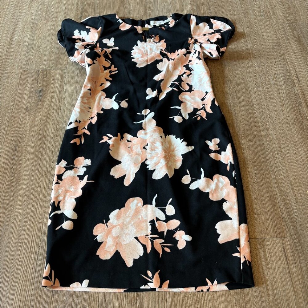 CALVIN KLEIN Black & Peach Floral Dress - Size 12 - Picture 2 of 7